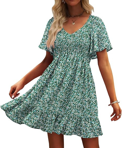 Womens Cute Floral Smocked V Neck Flutter Sleeve Sundress with Pockets Casual Spring Summer Dress... | Amazon (US)