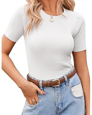 Zeagoo Women's Short Sleeve Basic Slim Fit Tops Crewneck Ribbed Knit T Shirt Cute Summer Outfits | Amazon (US)