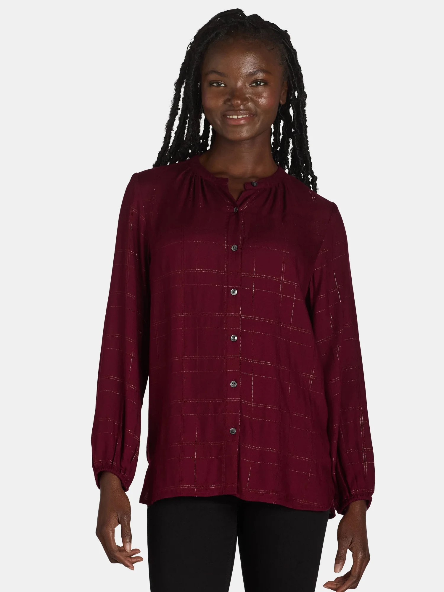 Time and Tru Women's Button Front Blouse with Long Sleeves, Sizes S-XXL | Walmart (US)