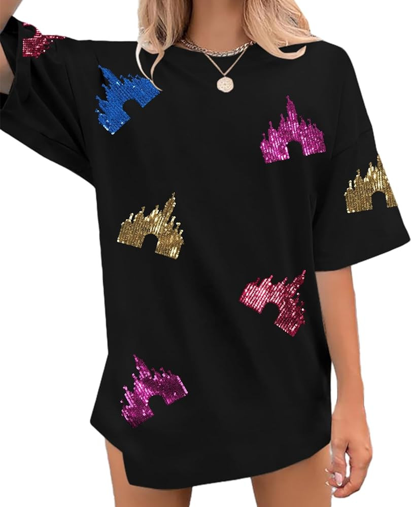 Magic Kingdom Shirts for Women Sequin Top Colorful Castle Graphic Tshirt Holiday Vacation Shirt F... | Amazon (US)