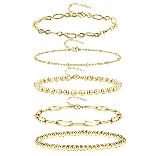 BOUTIQUELOVIN Gold Bracelets for Women Dainty Bracelets Stack Set for Women Trendy 14K Gold Chain Paperclip Link Bead Bracelet Stackable Layered Bracelet Fashion Jewelry | Amazon (US)