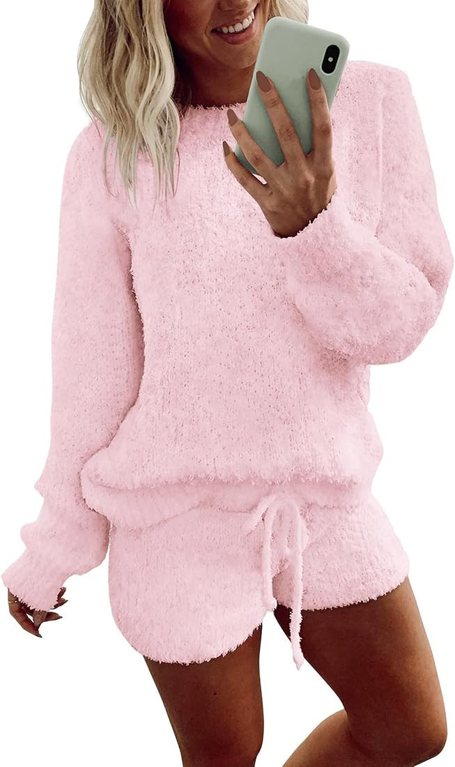 Ekouaer Fuzzy Fleece Pajamas 2 Piece Warm Soft Lounge Set Long Sleeve Sweater Top and Shorts Loun... | Amazon (US)