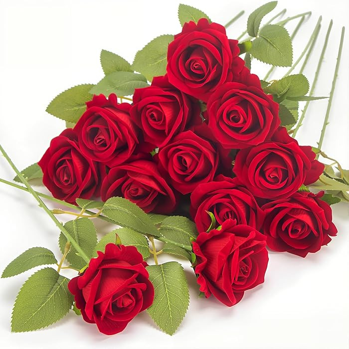 12 Pcs Red Roses Artificial Flowers, Real Touch Fake Velvet Flowers with Stems in Bulk for DIY Ho... | Amazon (US)