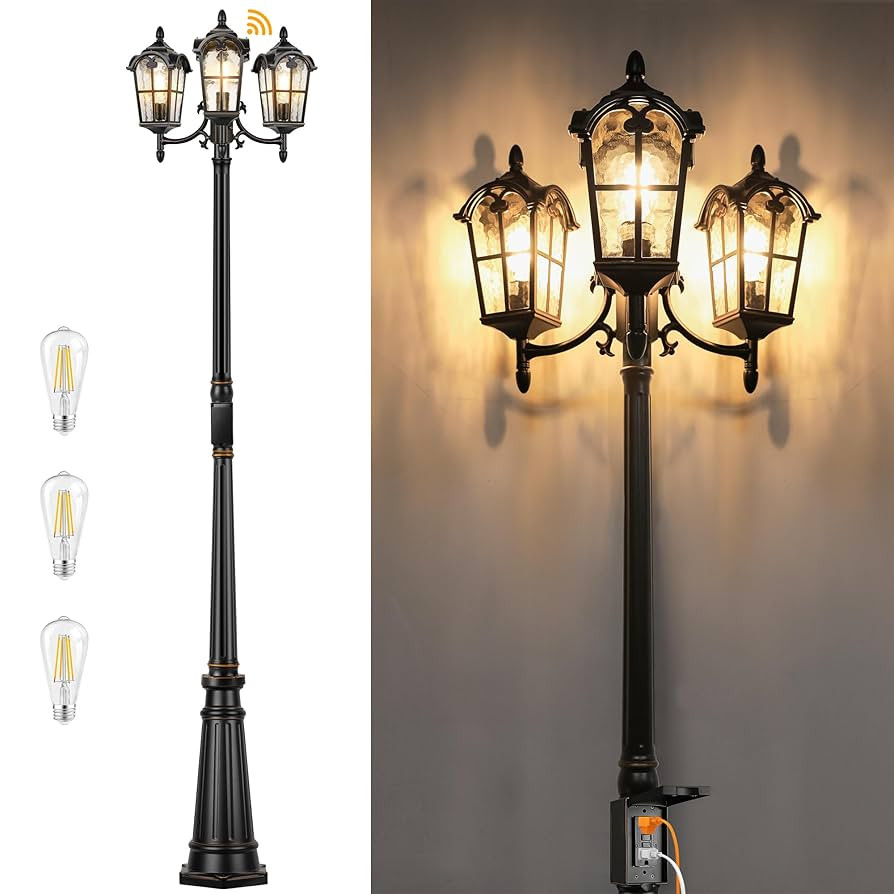 Black Roman Dusk to Dawn Outdoor Lamp Post with GFCI Outlet, Triple Head Aluminum Street Light Po... | Amazon (US)