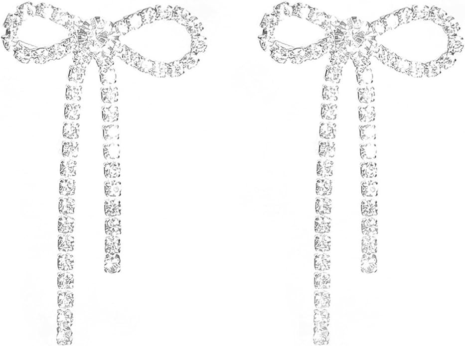 Bow Earrings for Women Rhinestone Long Tassel Earrings Ribbon Bow Drop Earring Silver Stainless S... | Amazon (US)
