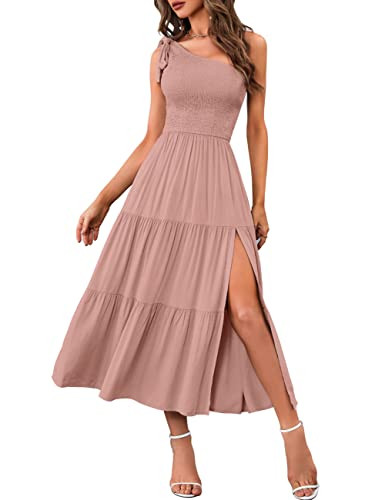 MEROKEETY Women's Summer One Shoulder Sleeveless Knot Smocked Midi Dress Split Tiered Flowy Dresses, Pink, M | Amazon (US)