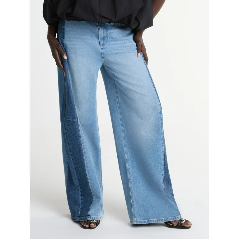 Scoop Women's Two-Tone Baggy Barrel Jeans, Sizes 0-18 - Walmart.com | Walmart (US)