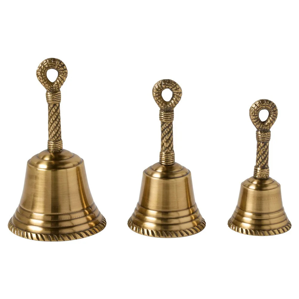 Frannie Updated Traditional Antique Brass Twisted Rope Dinner Bell - Set of 3 | Kathy Kuo Home