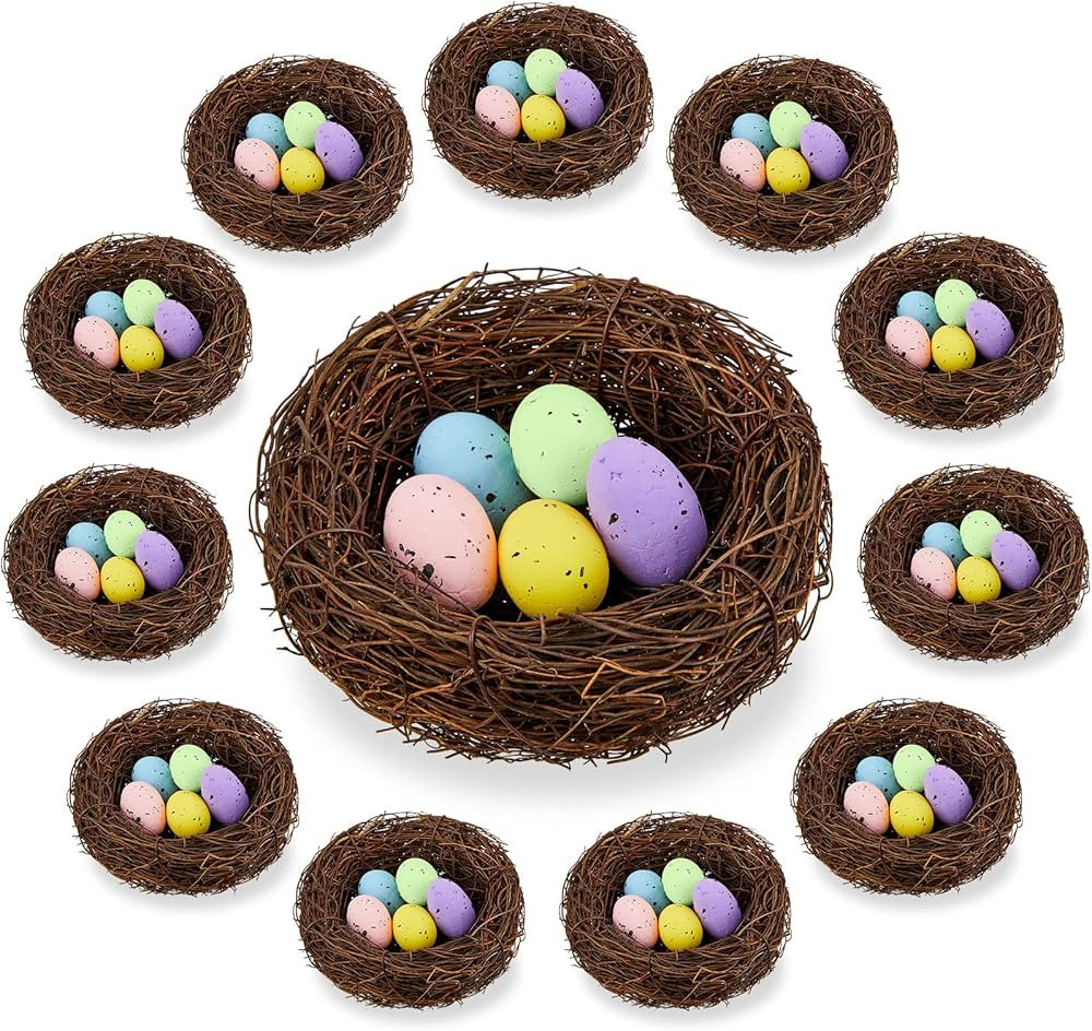 12 Pcs Faux Bird Nest with 60 Eggs Easter Decoration Bird nest Decor Artificial Rattan Nest Decor... | Amazon (US)