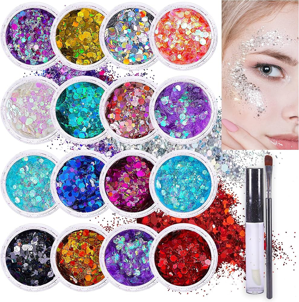 Amazon.com : Chunky Holographic Body Glitter I 16 Colors + Glitter Glue for Face Glitter Makeup, ... | Amazon (US)