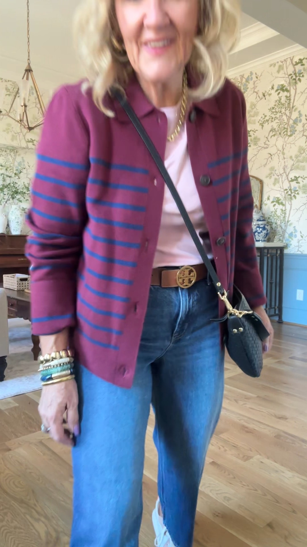 J.Crew factory early fall outfit
Striped collared sweater, jacket, size medium 
Blush tea size medium 
Wide leg crop denim in seaside wash size 29 petite 
Tory Burch, reversible belt, true size 
Blush trimmed Sam Edelman sneakers true to size and very comfortable
Quince convertible Crossbody bag in the small size 

#LTKFindsUnder100 #LTKPetite #LTKOver40