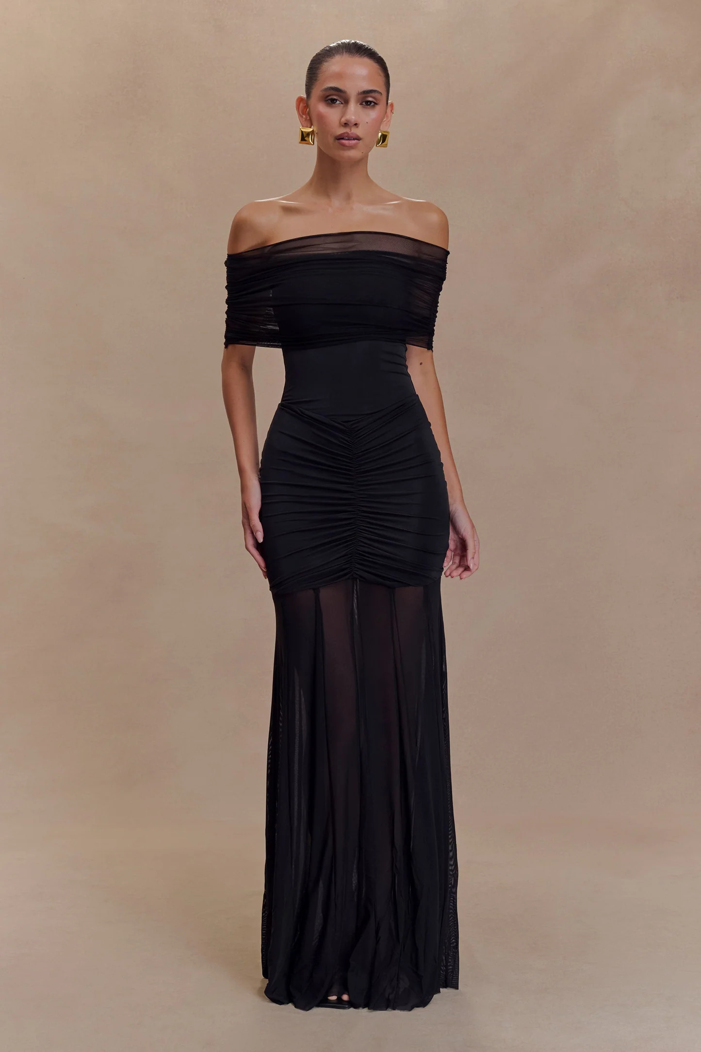 Slinky And Mesh Off Shoulder Maxi Dress - Black | MESHKI US