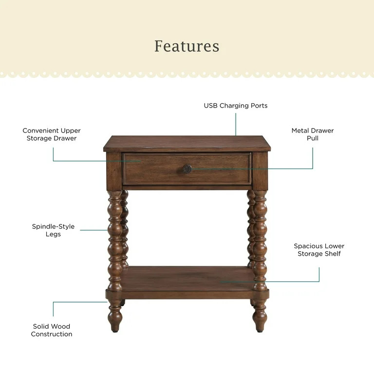 Pioneer Woman Harper Spindle Nightstand with USB Charging Ports, Homestead Brown | Walmart (US)