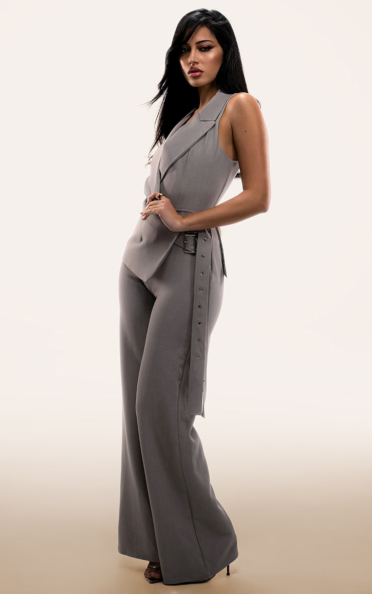 PLT Label Grey Tailored Waistcoat Belt Detail Jumpsuit | PrettyLittleThing UK