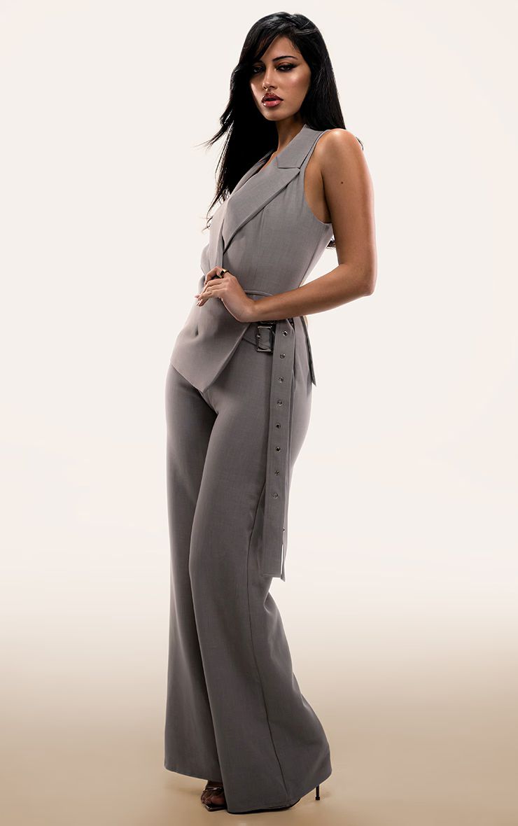 PLT Label Grey Tailored Vest Belt Detail Jumpsuit | PrettyLittleThing US