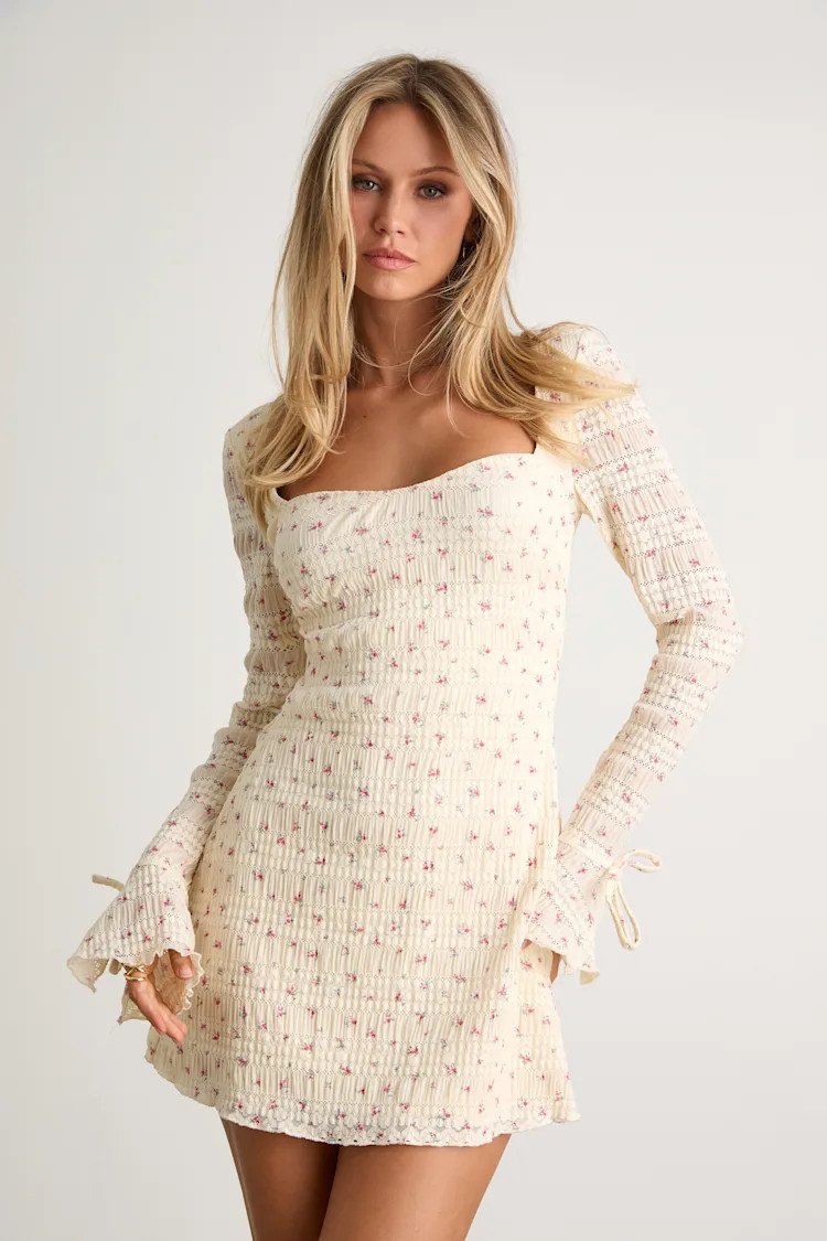 Ornella Cream Floral Textured Long Sleeve Mini Dress | Lulus