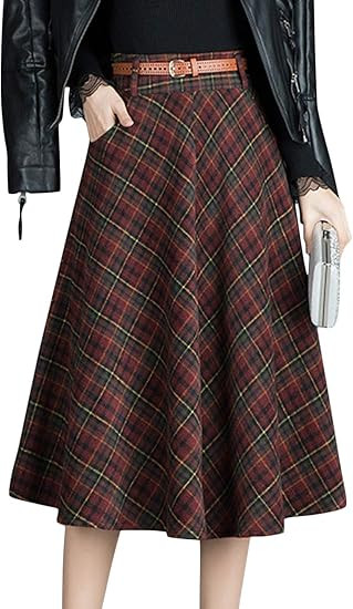 Tanming Women's Winter Warm High Waist Plaid A-Line Pleated Midi Skirt with Belt | Amazon (US)