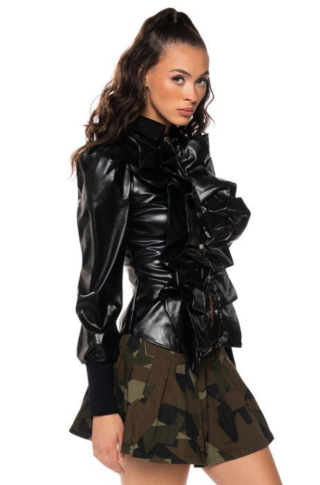 FEELING FIERY FAUX LEATHER BUTTON DOWN BLOUSE | AKIRA