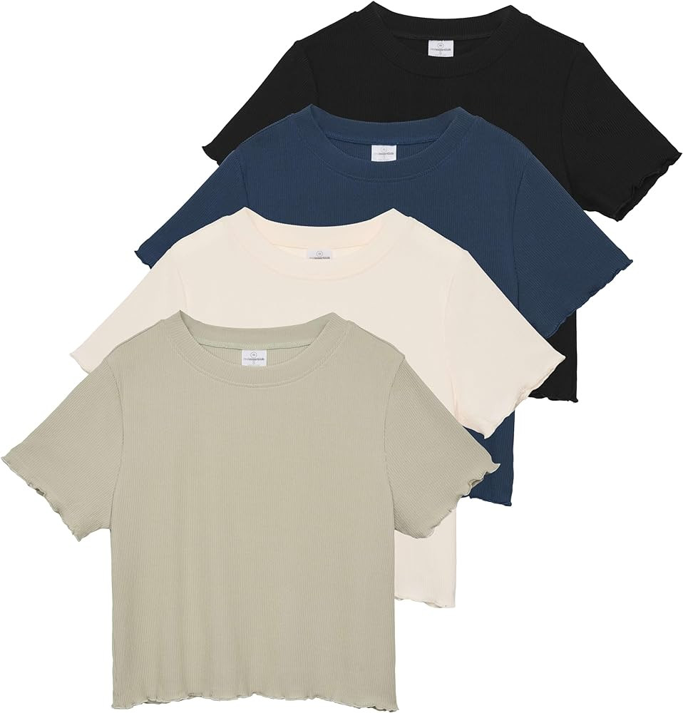 Real Essentials 4 Pack:Women's Lettuce Trim Ribbed Knit Short Sleeve Crop Tops Shirts Casual Summ... | Amazon (US)