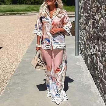 Women Graphic 2 Piece Pants Outfit,Short Sleeved Shirt, Wide Leg Pants, Vacation Beach Wear, Home... | Amazon (US)