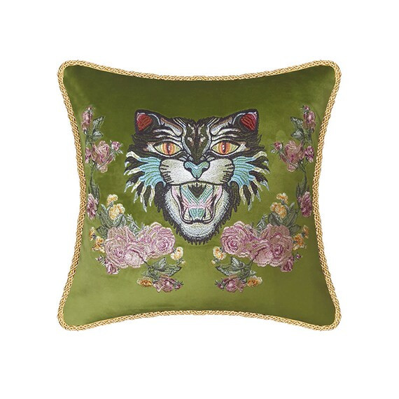 Green Velvet Cushion Cover Angry Cat Embroidery Decorative - Etsy | Etsy (US)