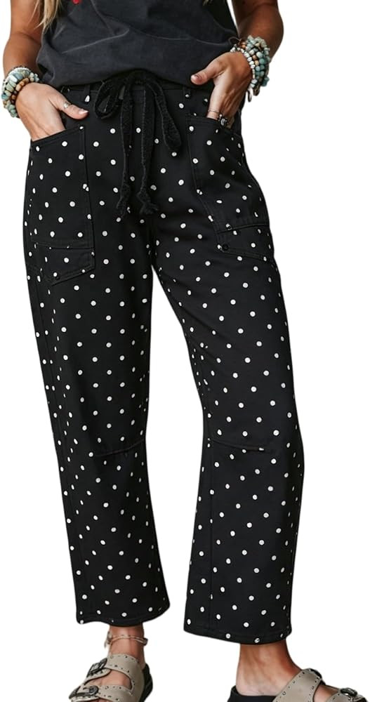 Hixiaohe Polka Dot Pants for Women Casual Boho Barrel Pants Cotton High Waist Drawstring Wide Leg... | Amazon (US)