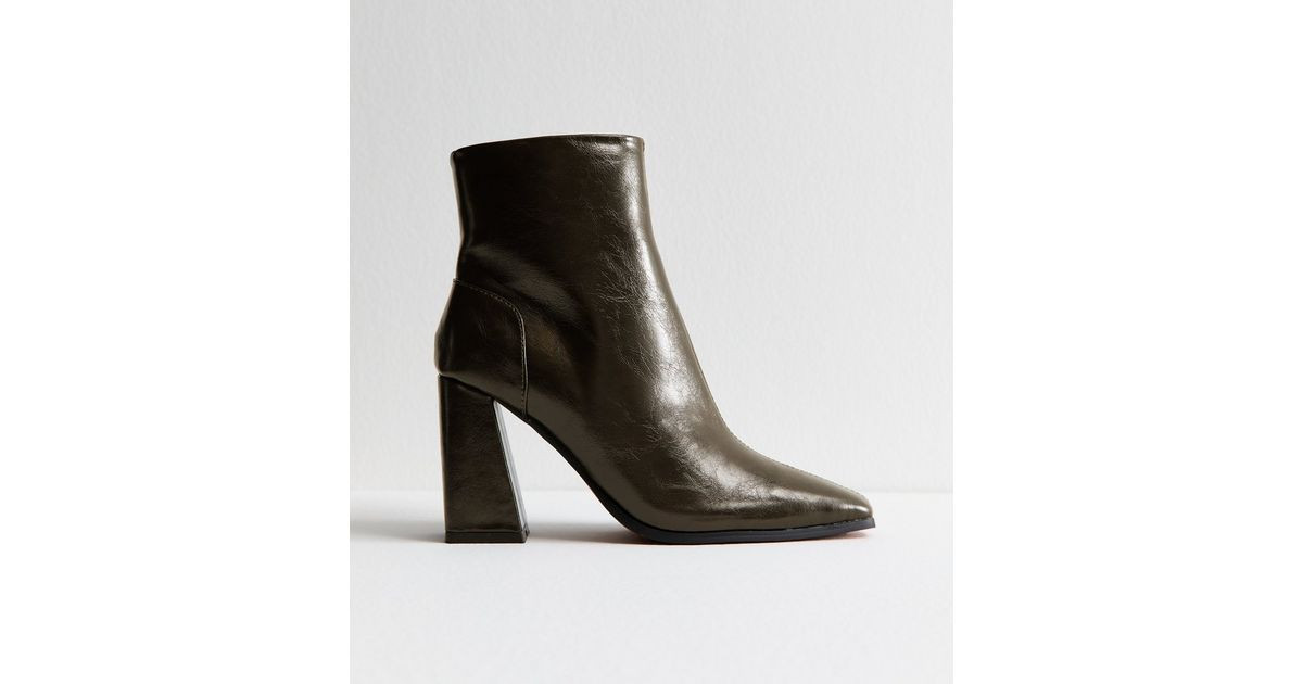 Dark Khaki Faux Leather Square Toe Ankle Boots | New Look | New Look (UK)