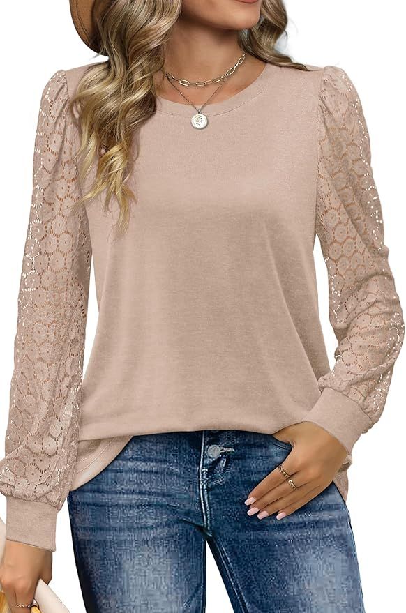 Aokosor Long Sleeve Shirts for Women Lace Tops Fall Tunics Casual Loose Blouses | Amazon (US)