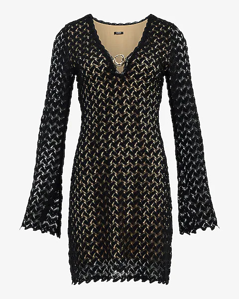Crochet V-neck Long Sleeve Gold Hardware Mini Sheath Dress | Express