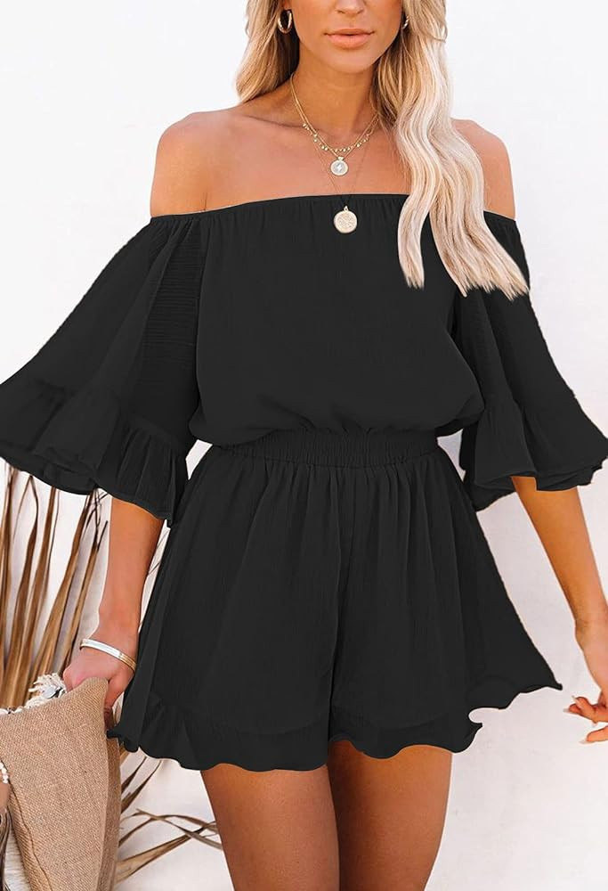 Fixmatti Women Boho Summer Romper Casual Floral Print Off Shoulder Strapless Shorts Jumpsuits | Amazon (US)