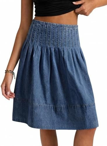 Flowyair Womens Denim Skirt Pleated High Waisted Summer A-Line Knee Length Midi Jean Skirt | Amazon (US)