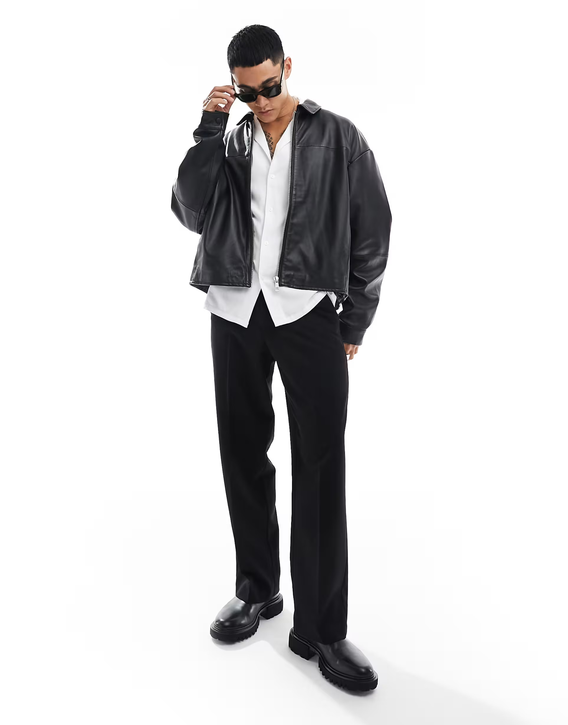 ASOS DESIGN oversized real leather cropped coach jacket in black | ASOS | ASOS (Global)