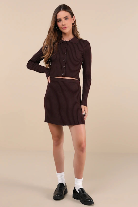 Too Perfect Dark Brown Collared Two-Piece Sweater Mini Dress | Lulus