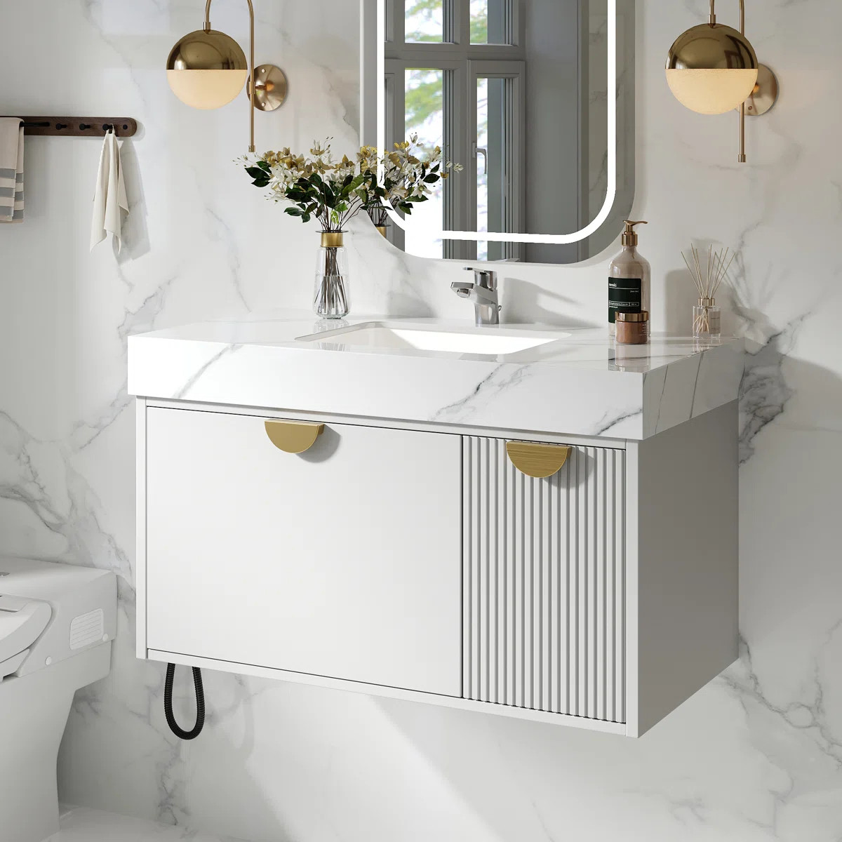 35.43” W x 21.65” D Modern Wall-Mounted Bathroom Vanity with sintered stone top and Undermoun... | Wayfair North America