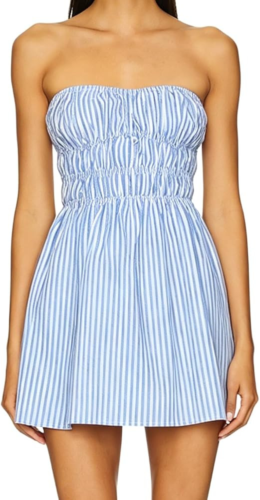 Women's Striped Strapless Mini Dress Tube Top Ruffle Dresses Casual Summer Vacation Wear | Amazon (US)
