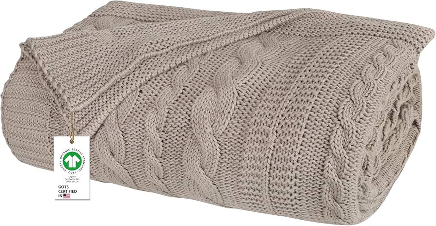 Organic Cotton Throw Blanket 50x70 inches, GOTS Certified Cable Knitted Throws Blanket for Sofa C... | Amazon (US)
