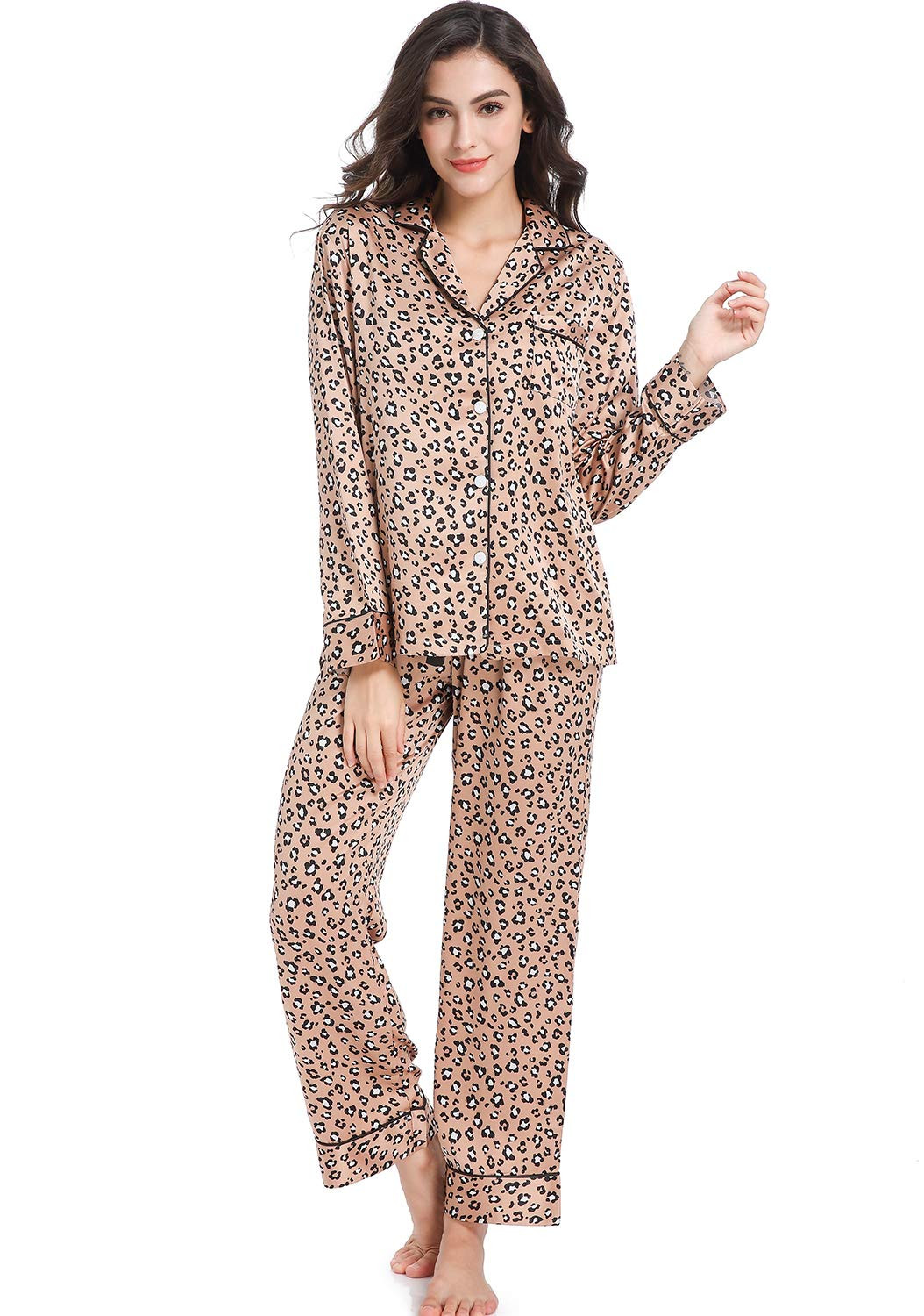Serenedelicacy Women's Silky Satin Pajamas, Button Up Long Sleeve PJ Set Sleepwear Loungewear | Amazon (US)