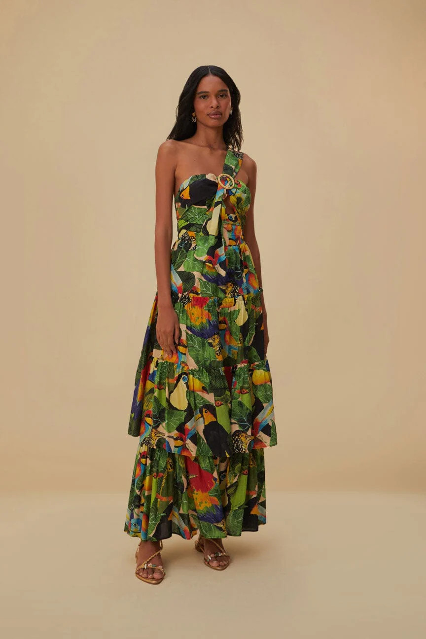Bird Leaves Sand One Shoulder Maxi Dress | FarmRio (US)