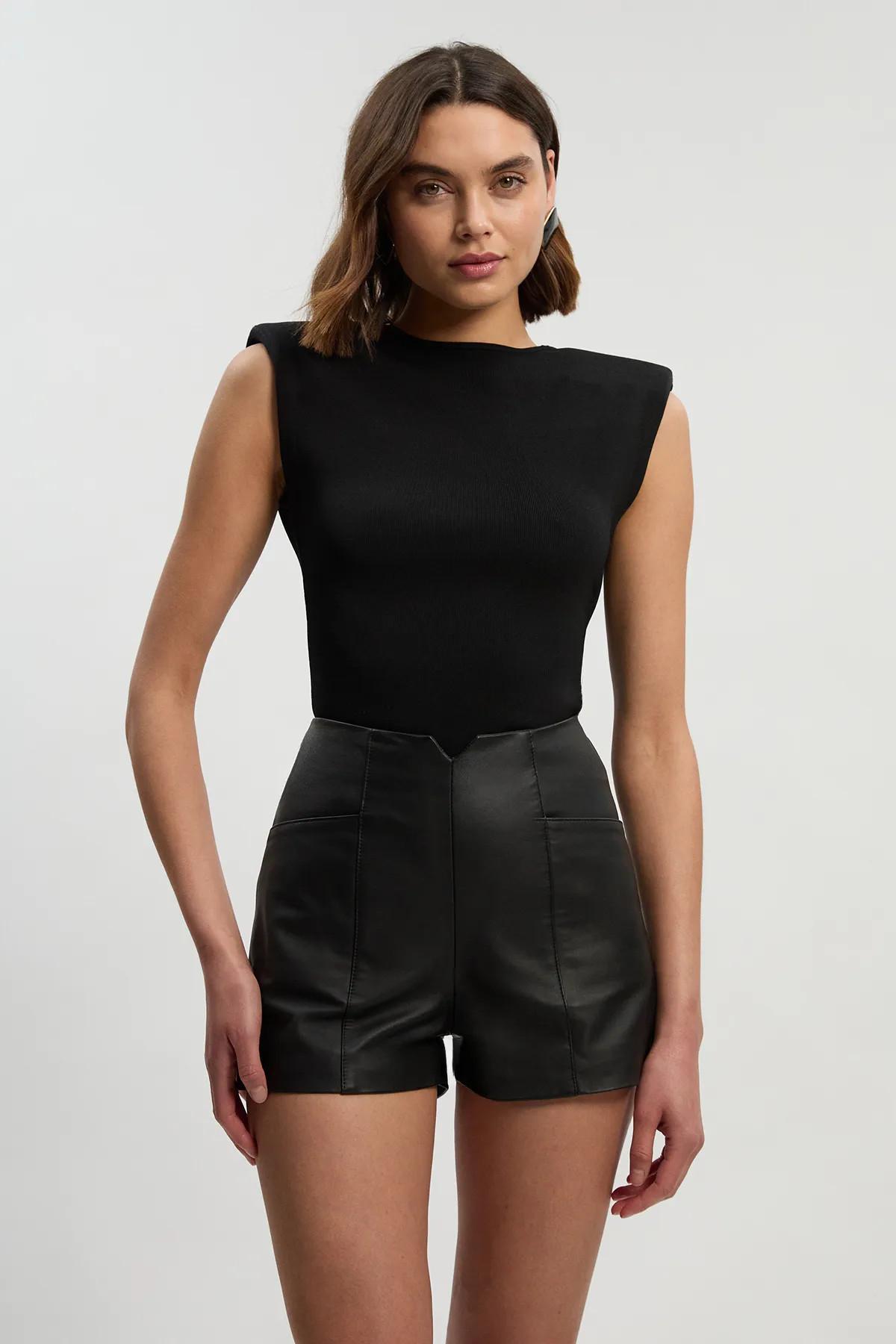 Leather Notch Detail Mini Shorts | Karen Millen UK + IE + DE + NL