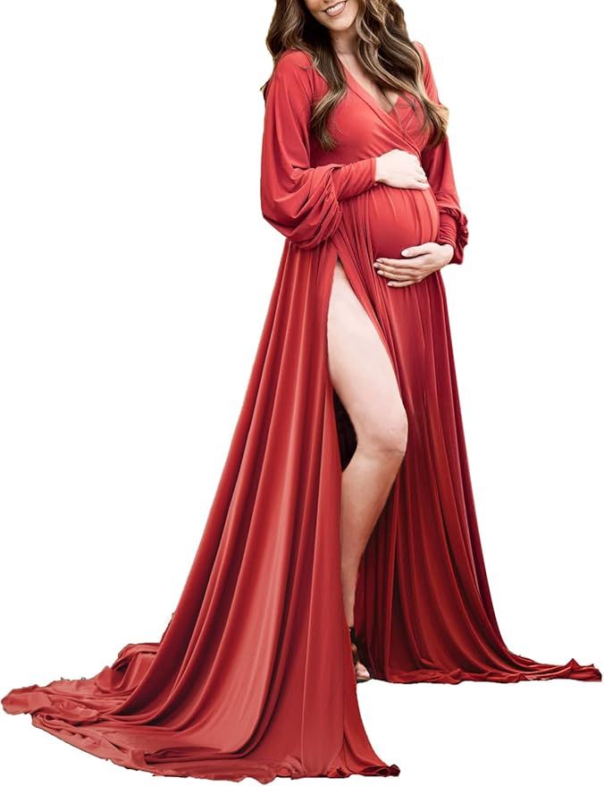 ChoiyuBella Maternity Gown Bishop Sleeves Baby Shower Dress Wrap Side Slit Sweetheart Maxi Photo ... | Amazon (US)