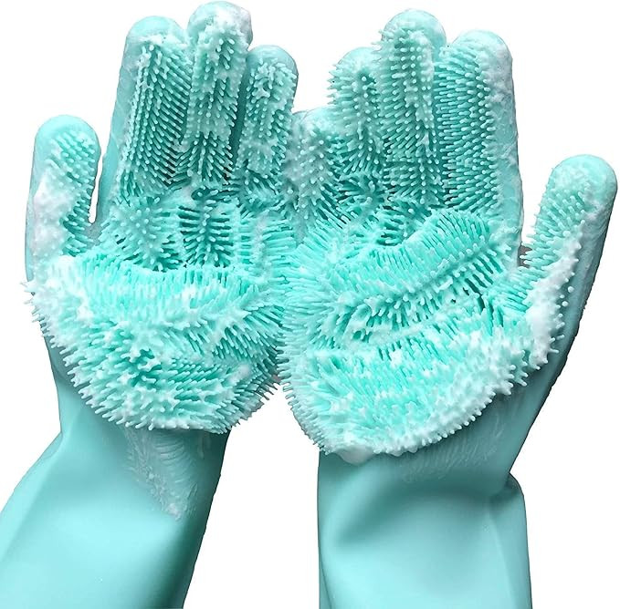 Cleaning Sponge Gloves, Dishwashing Gloves, Silicone Reusable Cleaning Brush Heat Resistant Scrub... | Amazon (US)