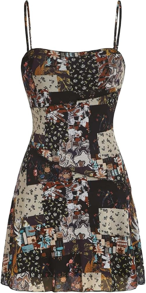 WDIRARA Women's Summer Boho Patchwork Print Spaghetti Strap Flared Short Cami Dress | Amazon (US)