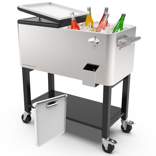 Permasteel Party Cooler with Divider, Removable Basin, Spacious 80-Qt Capacity, Chills 36hrs, Serving Tray, Rolling Ice Chest for Indoor & Outdoor, Stainless Steel | Amazon (US)