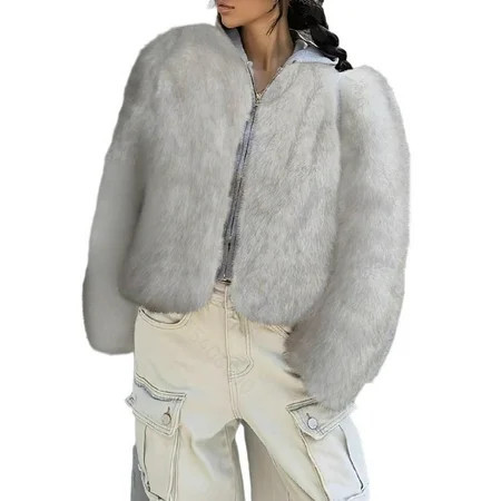 FAWUUDO Women's Faux Fur Coat Fluffy Faux Fur Jacket Long Sleeve Lapel Furry Winter Jackets Parka Short Coat White | Walmart (US)