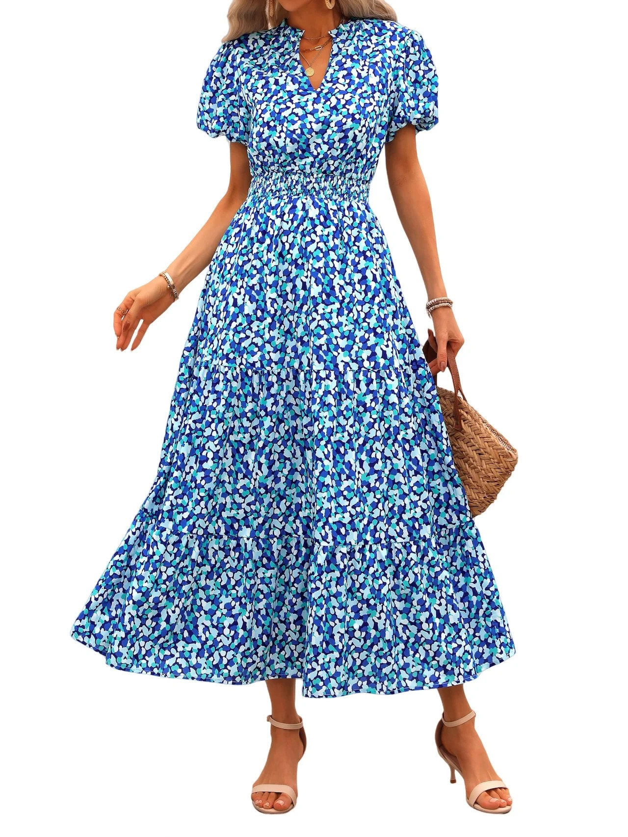 PRETTYGARDEN Summer Maxi Dress for Women Casual Wear To Work V Neck Puff Short Sleeve Smocked Ruf... | Walmart (US)