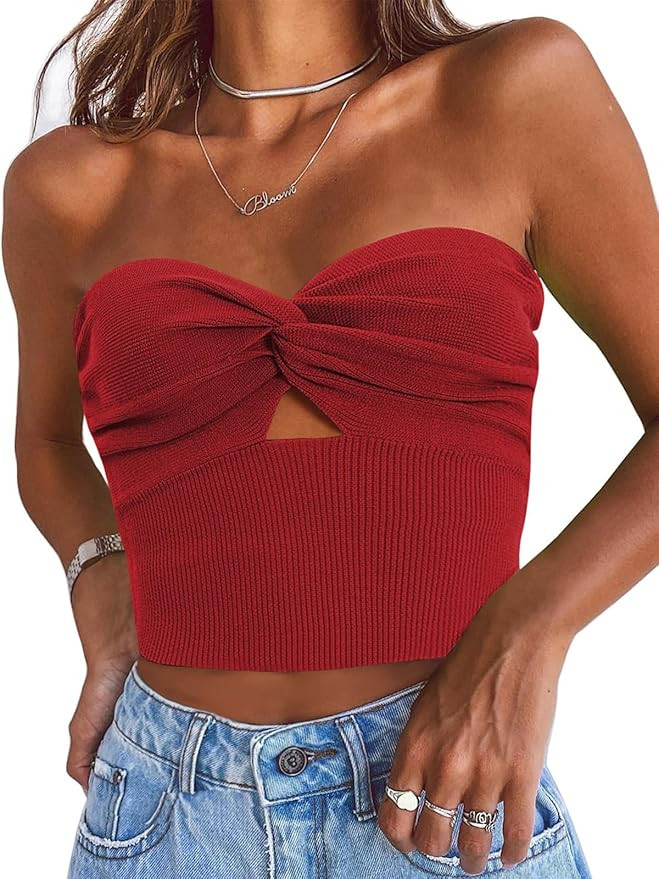 EFAN Womens Tube Tops Going Out Cut Out Twist Knot Front Bandeau Ribbed Knit Y2K Strapless Tank B... | Amazon (US)