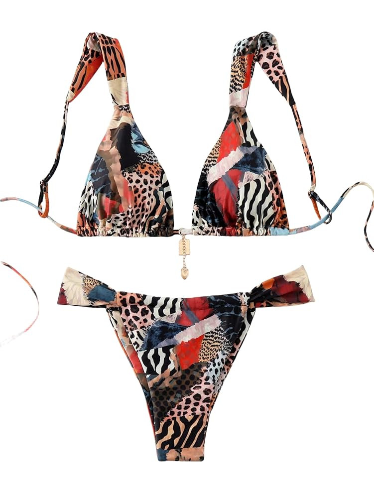 Women's 2 Piece Cheeky Bikini Sets Leopard Print Tie Back Bathing Suit Sexy Triangle Swimsuit | Amazon (US)