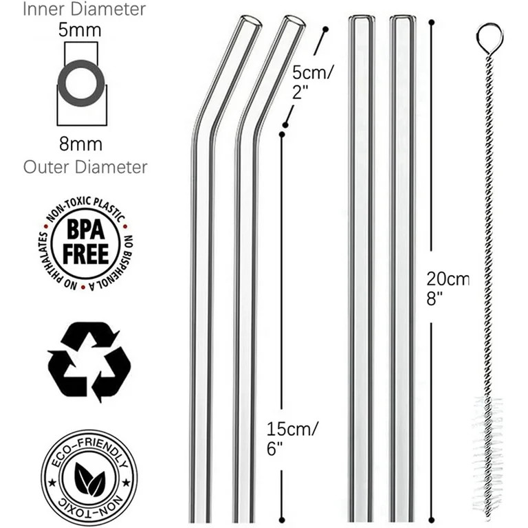 Reusable Glass Straws Set, 4-piece Drinking Staws with Cleaning Brush, 8" x 8 mm, Transparent Str... | Walmart (US)