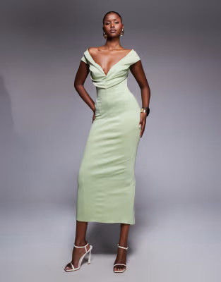 ASOS DESIGN sculpted off the shoulder midi pencil dress in sage green | ASOS (Global)