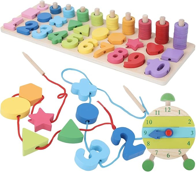 Montessori Fine Motor Skill Toys - Math Wooden Number Shape Set with Learning Clock and Lacing Be... | Amazon (US)